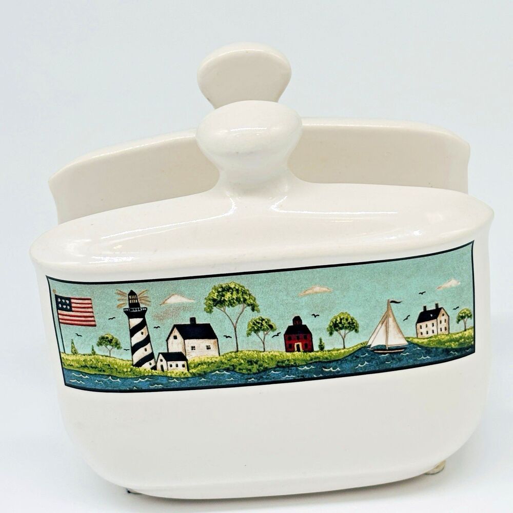 1998 VINTAGE Warren Kimble "COASTAL BREEZE" Ceramic Napkin Holder Lighthouse